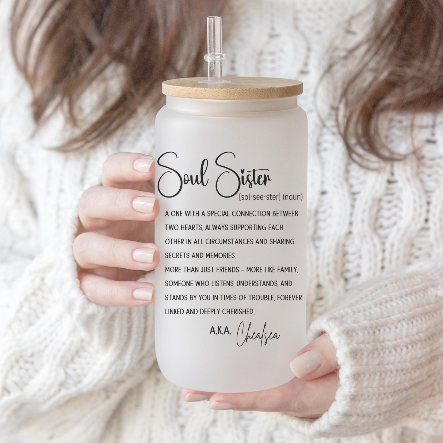 Soul Sister Gift 16oz Iced Coffee Cup, Best Friend Gift Idea Friend's Birthday Coffee Glass, Custom Name Glass, Coffee Cup w/ Straw & Lid.