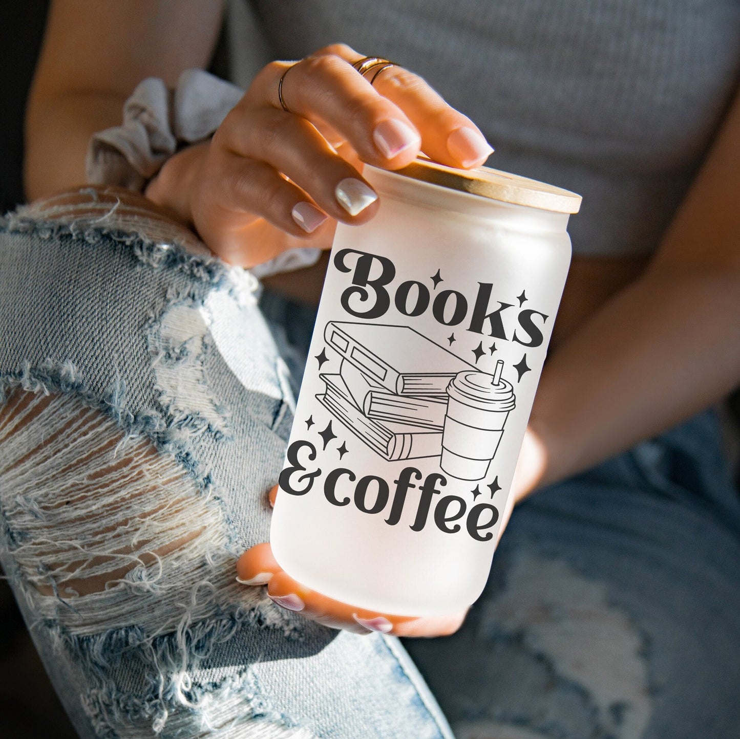 Book and Coffee Lover 16oz Iced Coffee Cup, Cold Drink Cup, Frosted Can Glass, Smoothie Glass, Coffee Cup w/ Reusable Straw & Bamboo Lid.