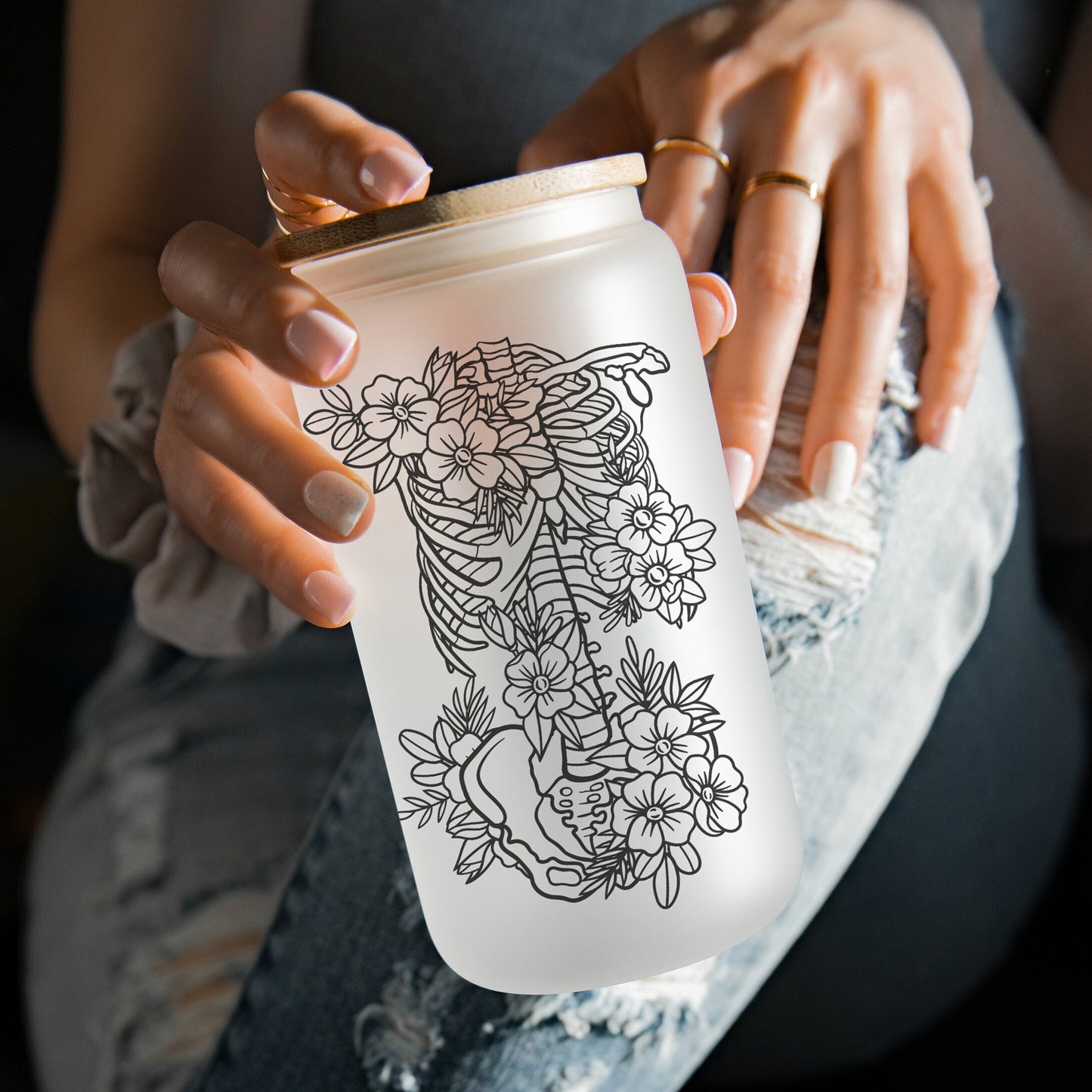 Floral Skeleton 16oz Iced Coffee Cup, Cold Drink Cup, Frosted Can Glass, Smoothie Glass, Coffee Cup w/ Reusable Straw & Bamboo Lid.