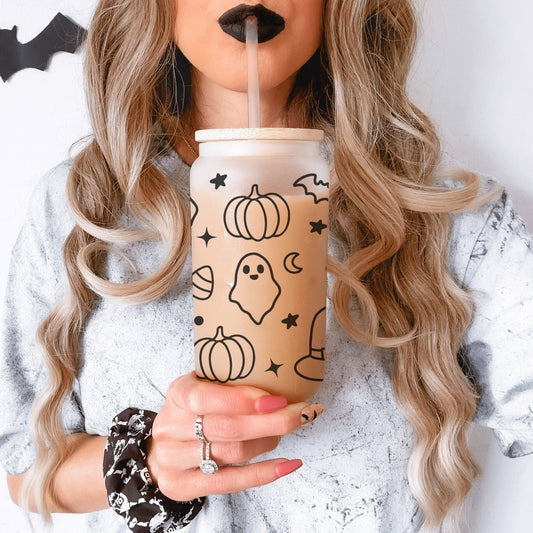 Cute Halloween Lover 16oz Iced Coffee Cup, Cold Drink Cup, Frosted Can Glass, Smoothie Glass, Coffee Cup w/ Reusable Straw & Bamboo Lid.