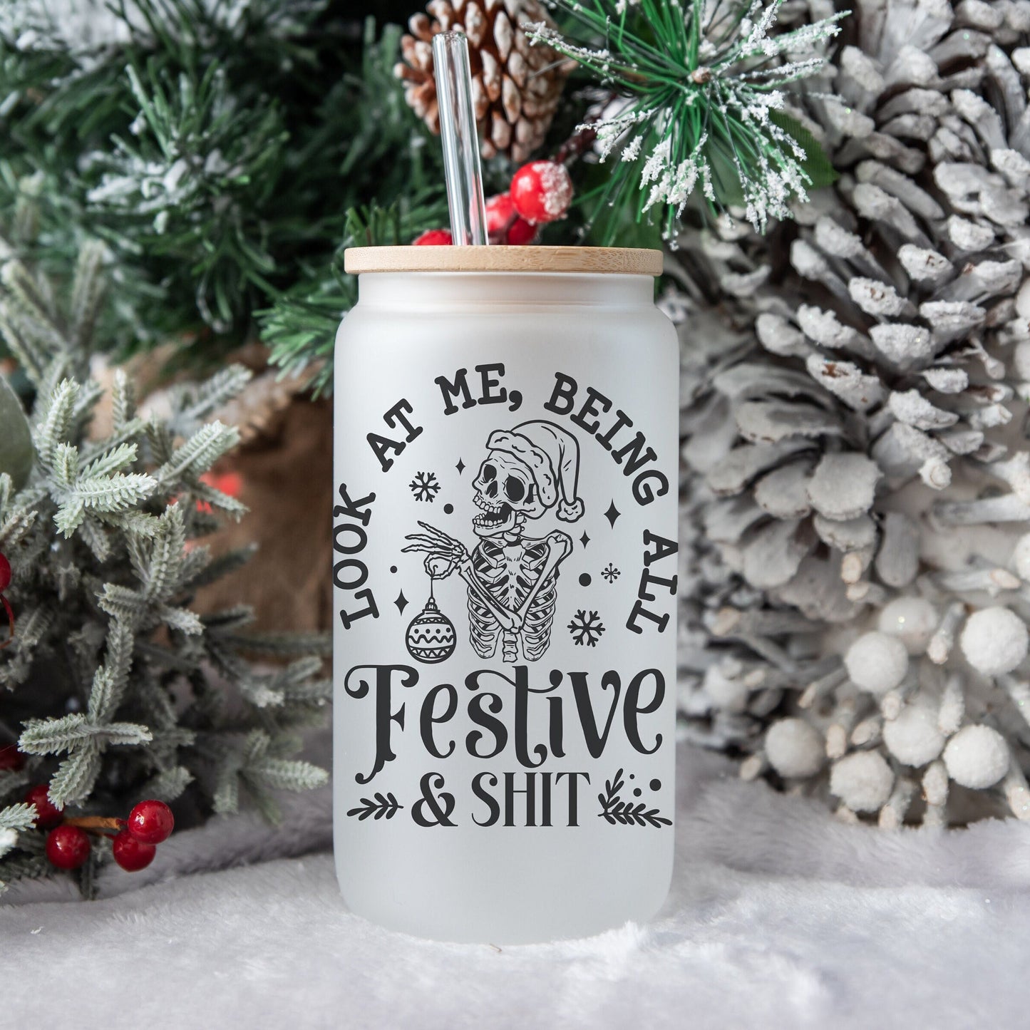 Festive Funny Skeleton 16oz Iced Coffee Cup, Cold Drink Cup, Frosted Can Glass, Smoothie Glass, Coffee Cup w/ Reusable Straw & Bamboo Lid.