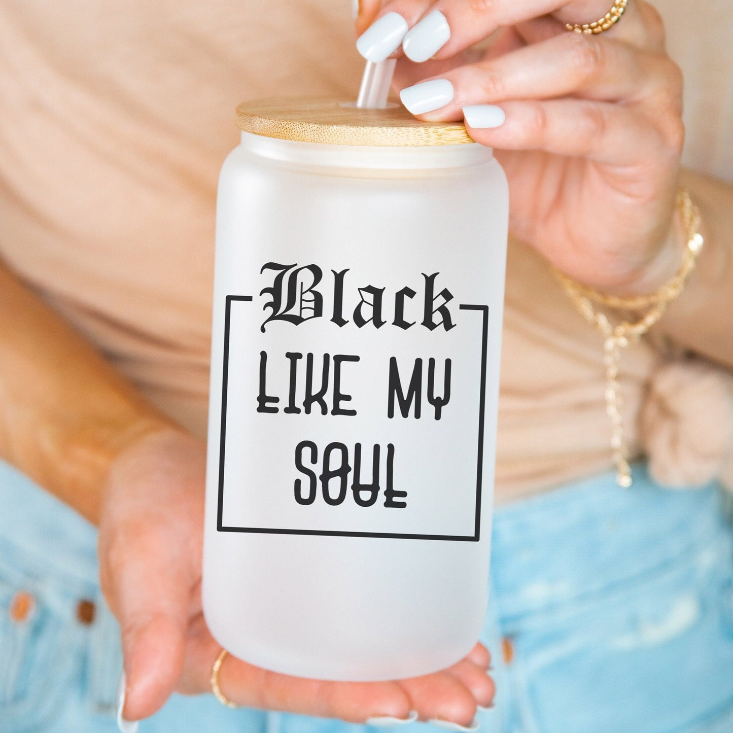 Black Like My Soul 16oz Iced Coffee Cup, Cold Drink Cup, Frosted Can Glass, Smoothie Glass, Coffee Cup w/ Reusable Straw & Bamboo Lid.