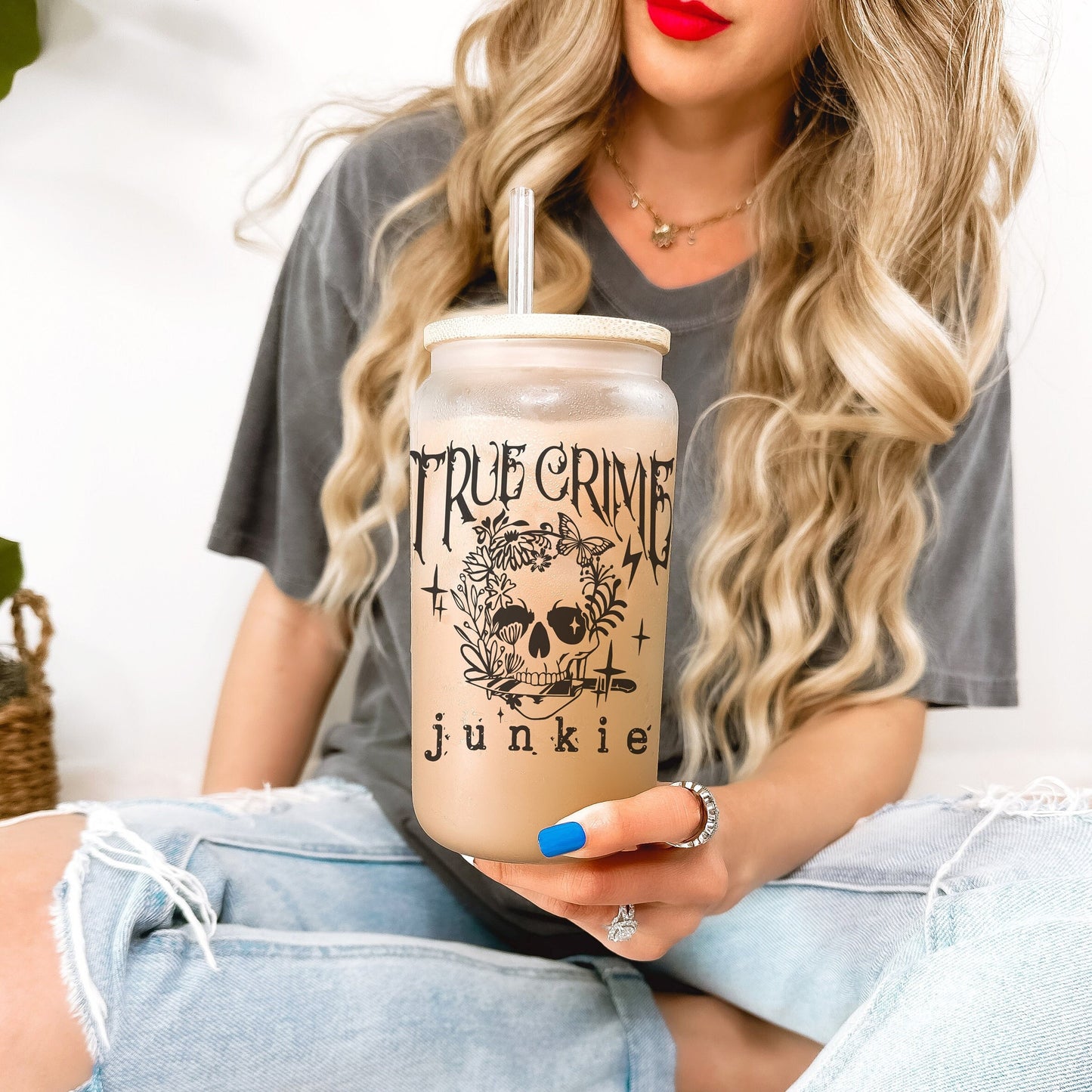 True Crime Junkie 16oz Iced Coffee Cup, Cold Drink Cup, Frosted Can Glass, Smoothie Glass, Coffee Cup w/ Straw & Bamboo Lid.