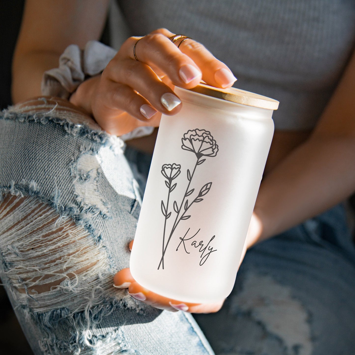 Birth Month Flower 16oz Iced Coffee Cup, Cold Drink Cup, Frosted Can Glass, Smoothie Glass, Coffee Cup w/ Reusable Straw & Bamboo Lid.