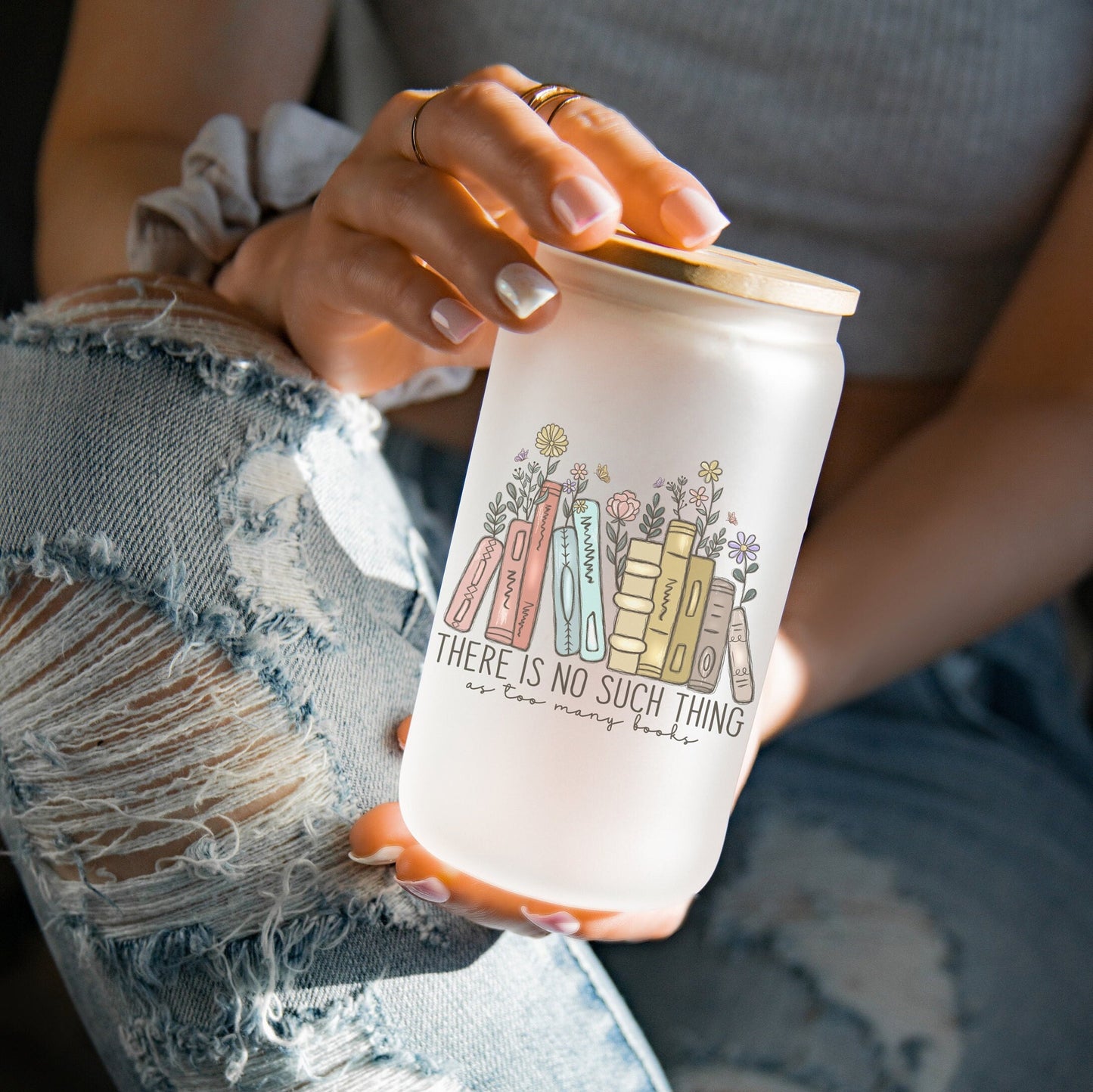 Book Lover, There Is No Such Thing As Too Many Books 16oz Iced Coffee Cup, Drink Cup, Frosted Can Glass, Coffee Cup w/Straw & Lid.