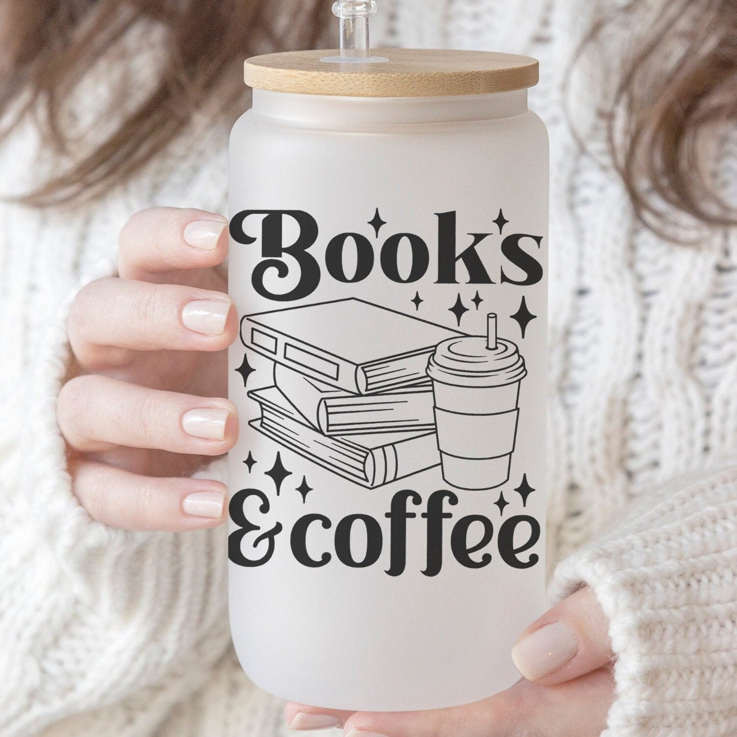 Book and Coffee Lover 16oz Iced Coffee Cup, Cold Drink Cup, Frosted Can Glass, Smoothie Glass, Coffee Cup w/ Reusable Straw & Bamboo Lid.