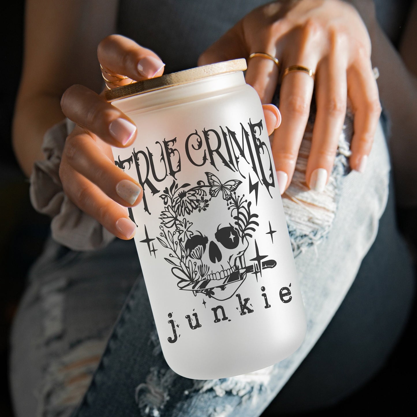 True Crime Junkie 16oz Iced Coffee Cup, Cold Drink Cup, Frosted Can Glass, Smoothie Glass, Coffee Cup w/ Straw & Bamboo Lid.