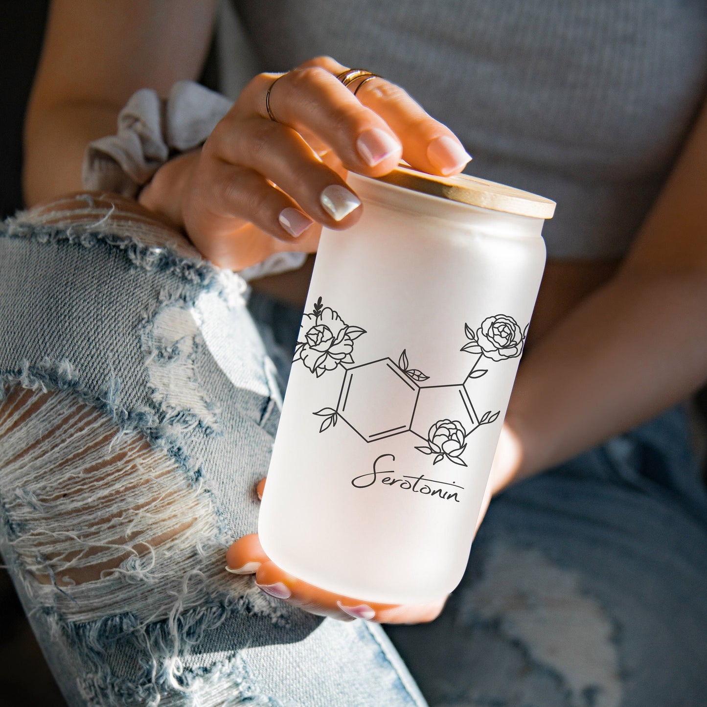 Chemical 16oz Iced Coffee Cup, Cold Drink Cup, Frosted Can Glass, Smoothie Glass, Coffee Cup w/ Reusable Straw & Bamboo Lid.