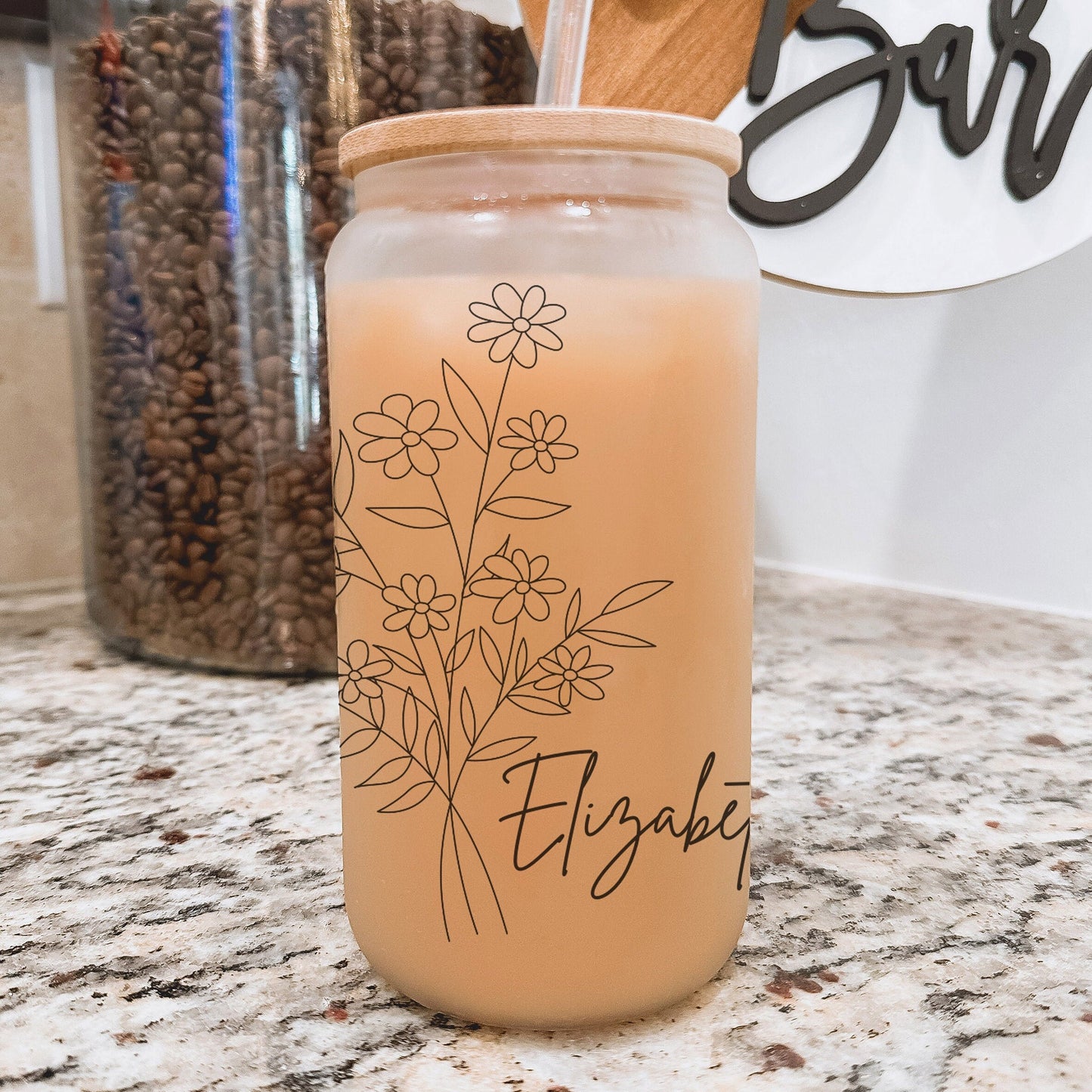 Floral Line Personalized 16oz Iced Coffee Cup, Cold Drink Cup, Frosted Can Glass, Smoothie Glass, Coffee Cup w/ Reusable Straw & Bamboo Lid.