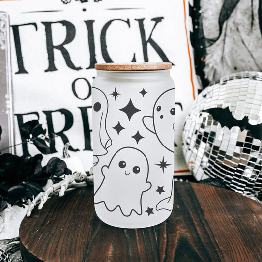 Cute Ghosts 16oz Iced Coffee Cup, Cold Drink Cup, Frosted Can Glass, Smoothie Glass, Coffee Cup w/ Reusable Straw & Bamboo Lid.