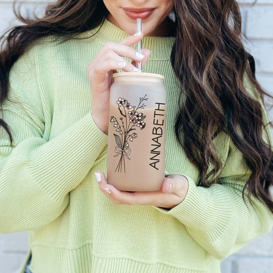 Gift for Bridesmaid, Personalized Birth w/ Color Flower 16oz Iced Coffee Cup, Cold Drink Cup, Frosted Can Glass, w/ Reusable Straw & Lid.