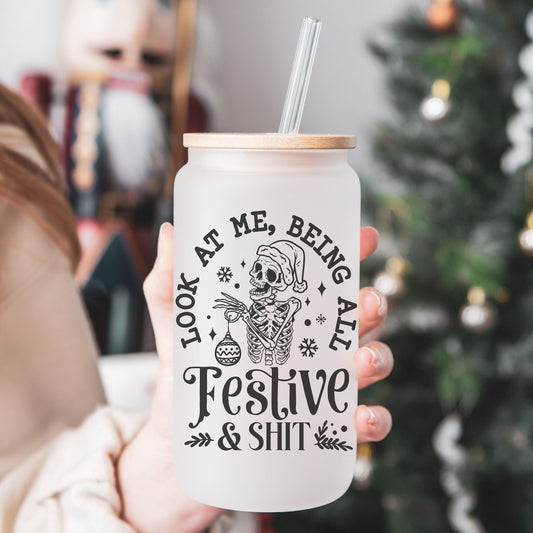 Festive Funny Skeleton 16oz Iced Coffee Cup, Cold Drink Cup, Frosted Can Glass, Smoothie Glass, Coffee Cup w/ Reusable Straw & Bamboo Lid.