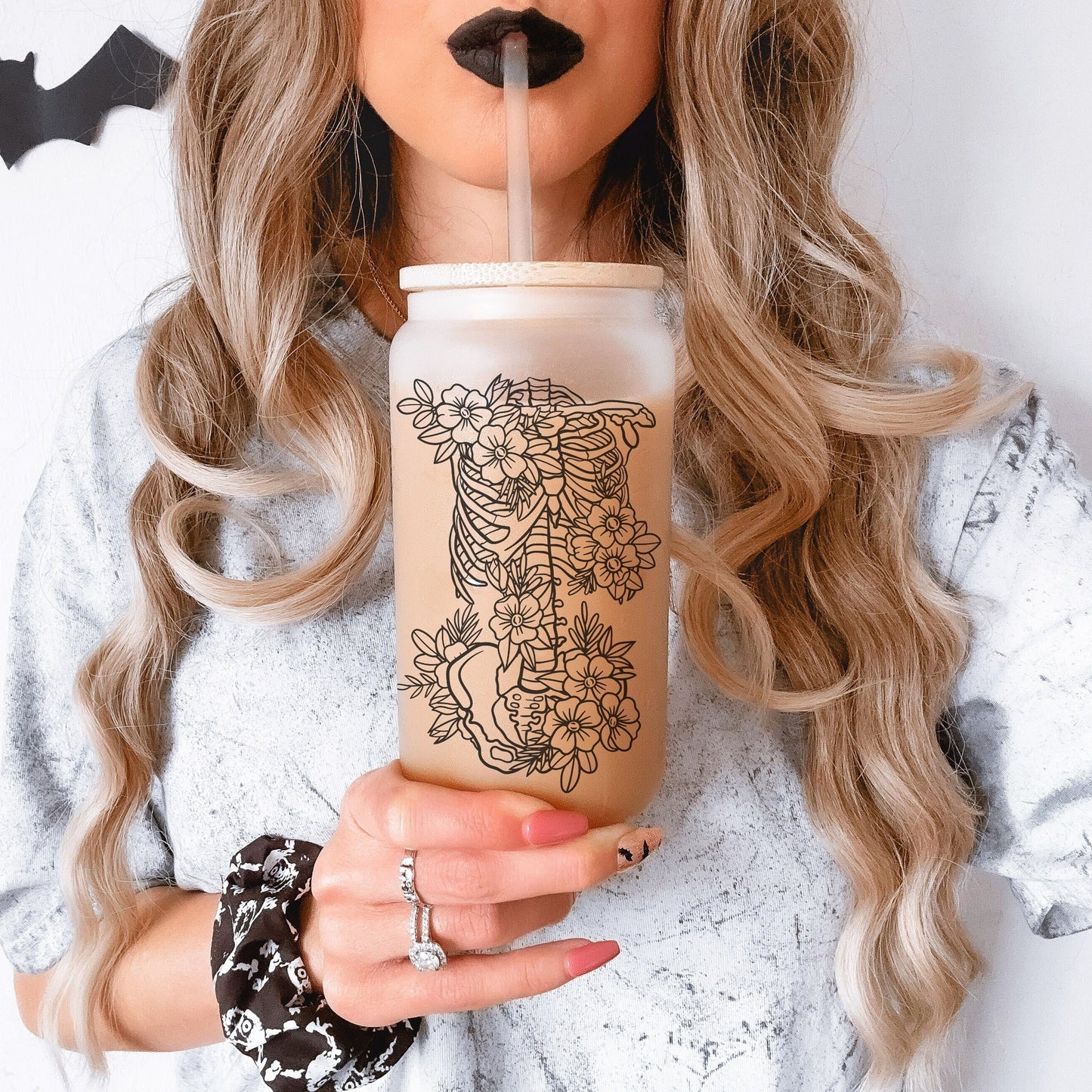 Floral Skeleton 16oz Iced Coffee Cup, Cold Drink Cup, Frosted Can Glass, Smoothie Glass, Coffee Cup w/ Reusable Straw & Bamboo Lid.