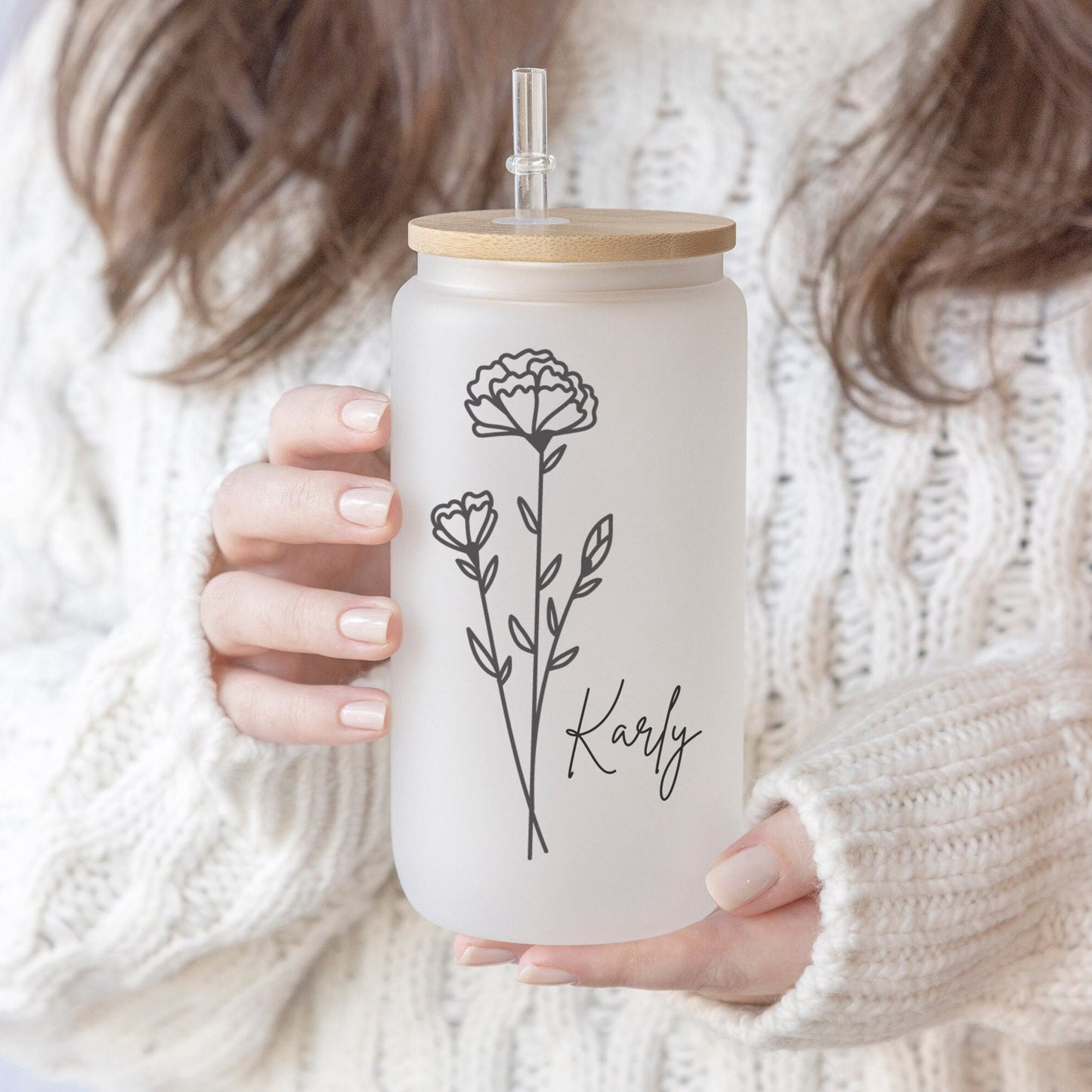 Birth Month Flower 16oz Iced Coffee Cup, Cold Drink Cup, Frosted Can Glass, Smoothie Glass, Coffee Cup w/ Reusable Straw & Bamboo Lid.