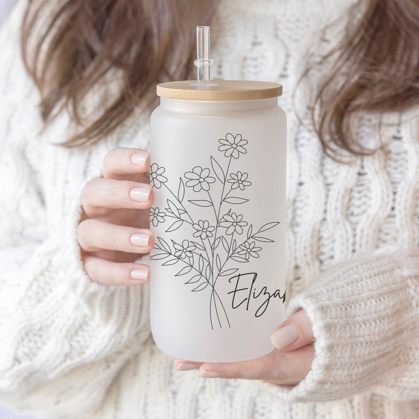 Floral Line Personalized 16oz Iced Coffee Cup, Cold Drink Cup, Frosted Can Glass, Smoothie Glass, Coffee Cup w/ Reusable Straw & Bamboo Lid.