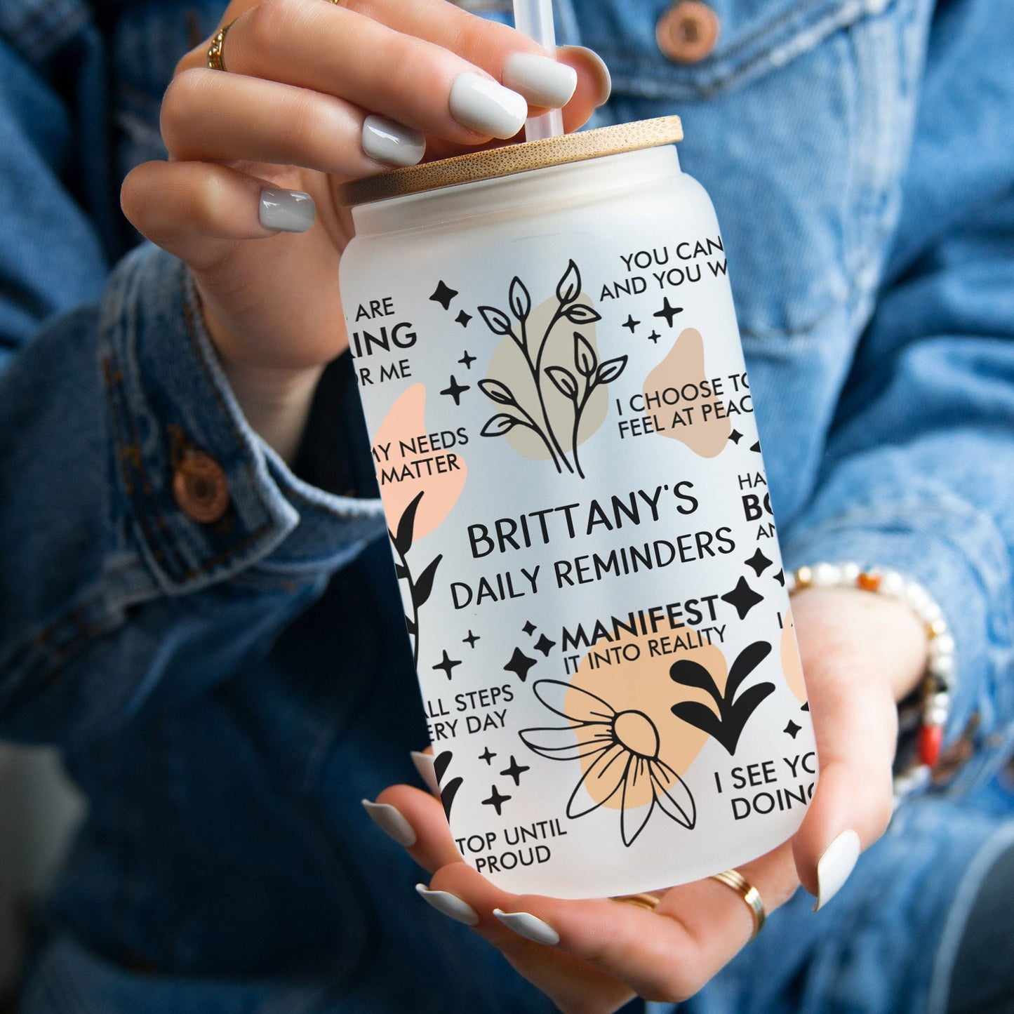 Personalized Daily Reminders-Mental Health Awareness 16oz Iced Coffee Cup, Frosted Can Glass, Smoothie Glass, Coffee Cup w/ Straw & Lid.