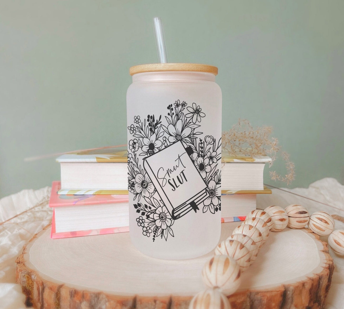 Dirty Book Lover 16oz Iced Coffee Cup, Cold Drink Cup, Frosted Can Glass, Smoothie Glass, Coffee Cup w/ Reusable Straw & Bamboo Lid.