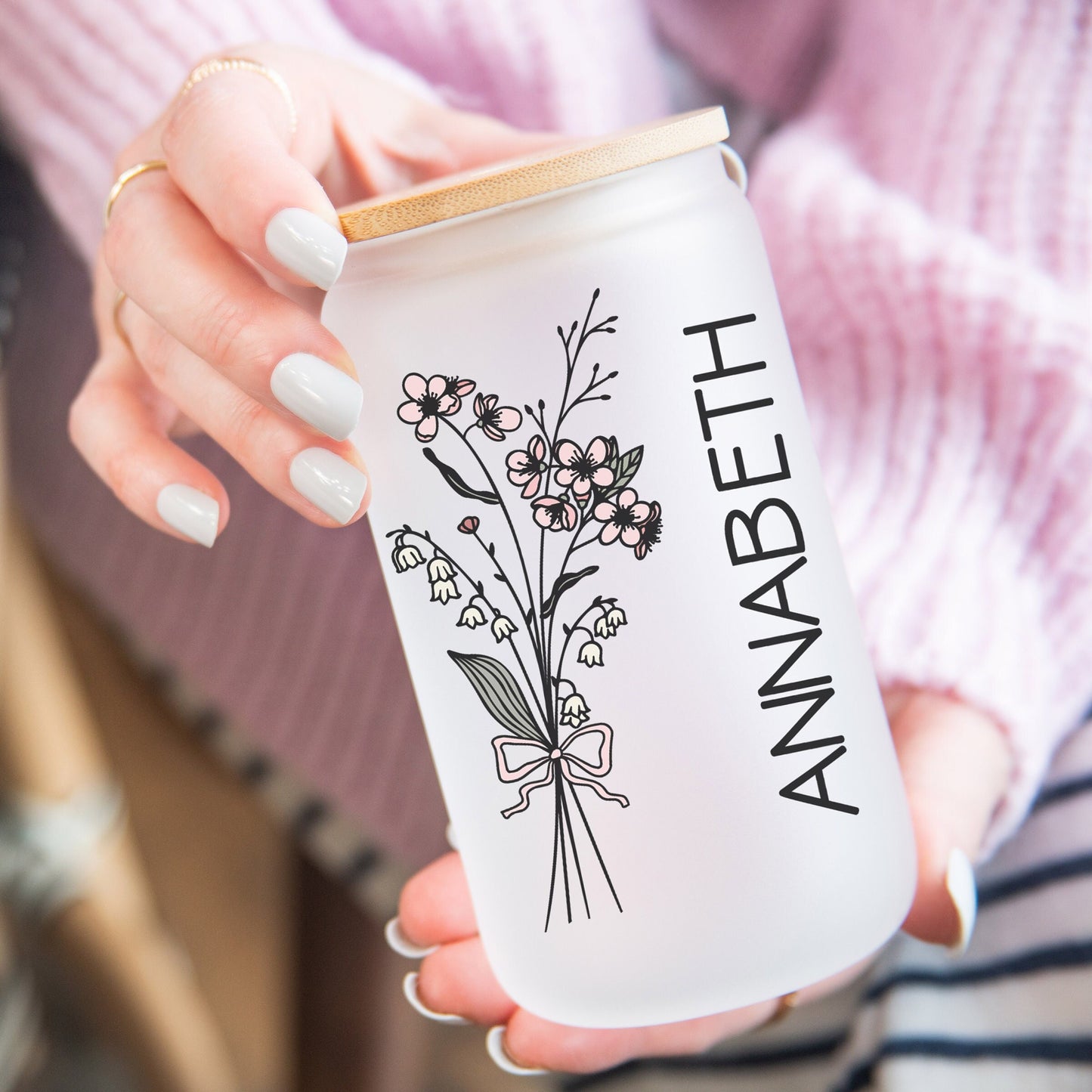 Gift for Bridesmaid, Personalized Birth w/ Color Flower 16oz Iced Coffee Cup, Cold Drink Cup, Frosted Can Glass, w/ Reusable Straw & Lid.