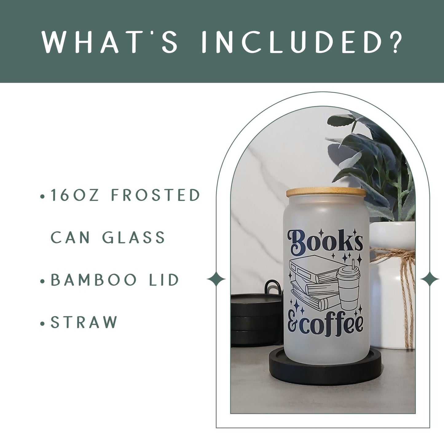 Book and Coffee Lover 16oz Iced Coffee Cup, Cold Drink Cup, Frosted Can Glass, Smoothie Glass, Coffee Cup w/ Reusable Straw & Bamboo Lid.