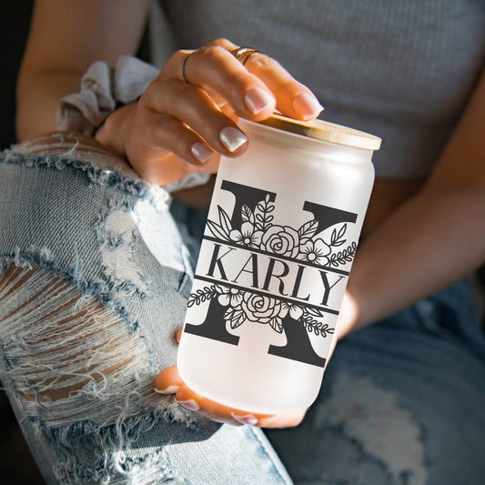 Floral Line Art Letter 16oz Iced Coffee Cup, Cold Drink Cup, Frosted Can Glass, Smoothie Glass, Coffee Cup w/ Reusable Straw & Bamboo Lid.