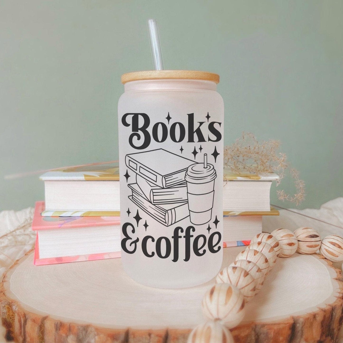 Book and Coffee Lover 16oz Iced Coffee Cup, Cold Drink Cup, Frosted Can Glass, Smoothie Glass, Coffee Cup w/ Reusable Straw & Bamboo Lid.