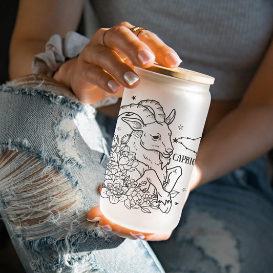 Zodiac Line Art 16oz Iced Coffee Cup, Cold Drink Cup, Frosted Can Glass, Smoothie Glass, Coffee Cup w/ Reusable Straw & Bamboo Lid.