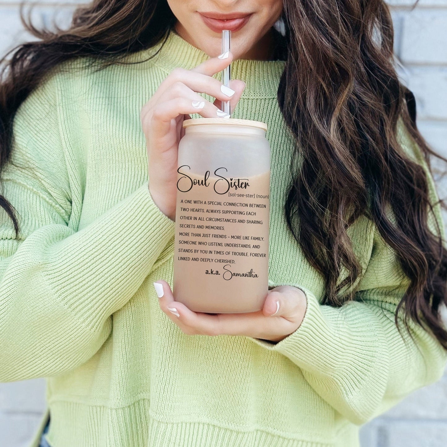 Soul Sister Gift 16oz Iced Coffee Cup, Cold Drink Cup, Frosted Can Glass, Smoothie Glass, Coffee Cup w/ Reusable Straw & Bamboo Lid.