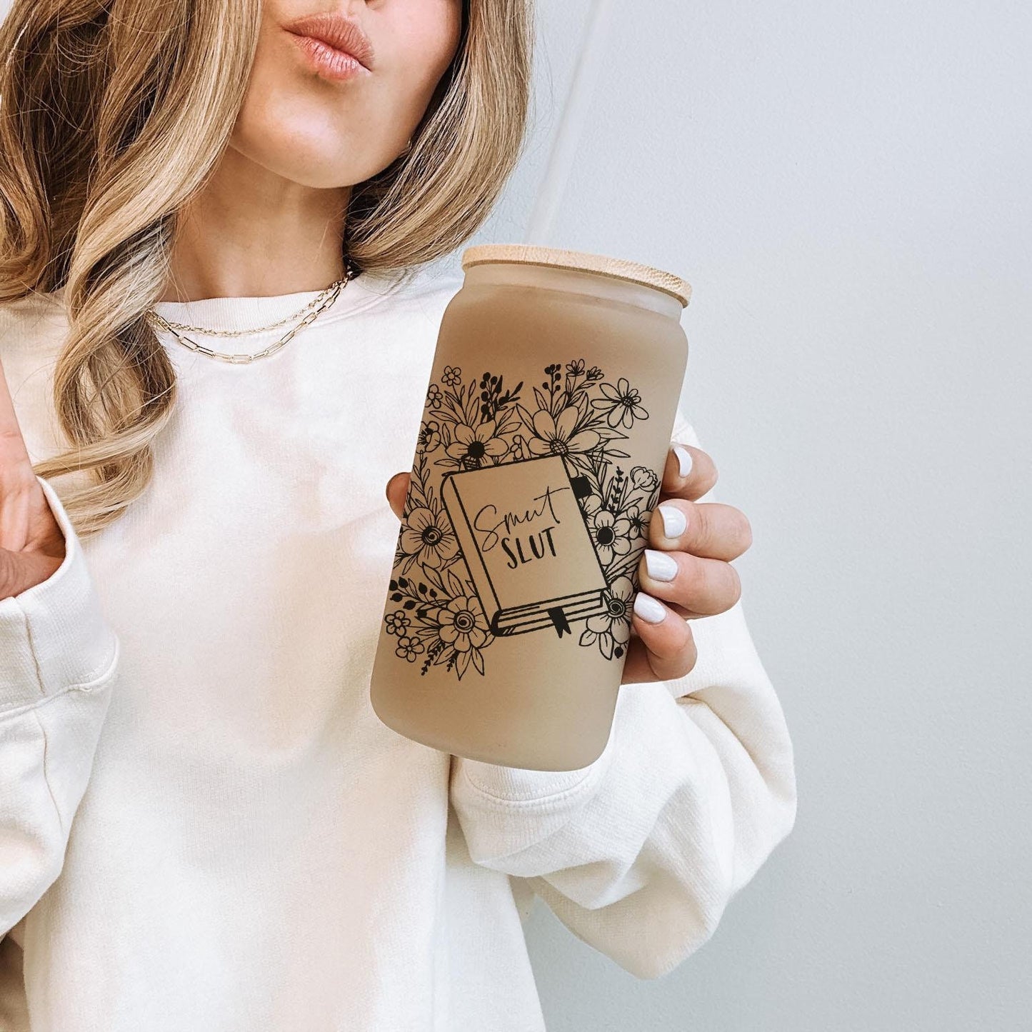 Dirty Book Lover 16oz Iced Coffee Cup, Cold Drink Cup, Frosted Can Glass, Smoothie Glass, Coffee Cup w/ Reusable Straw & Bamboo Lid.