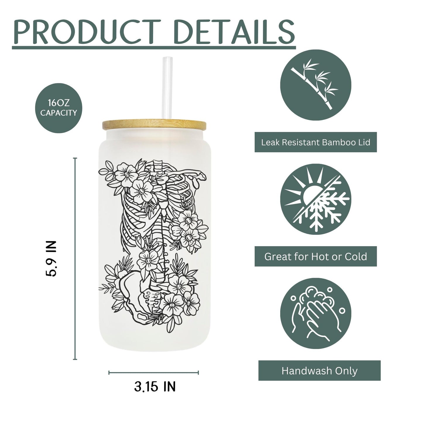 Floral Skeleton 16oz Iced Coffee Cup, Cold Drink Cup, Frosted Can Glass, Smoothie Glass, Coffee Cup w/ Reusable Straw & Bamboo Lid.