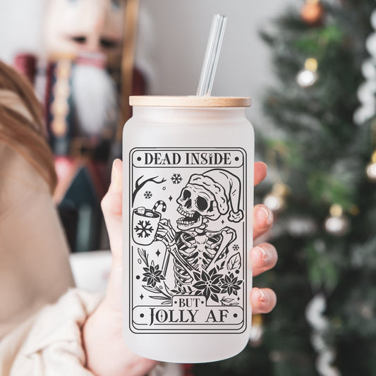 Dead Inside but Jolly Tarot 16oz Iced Coffee Cup, Cold Drink Cup, Frosted Can Glass, Smoothie Glass, Coffee Cup w/ Straw & Bamboo Lid.