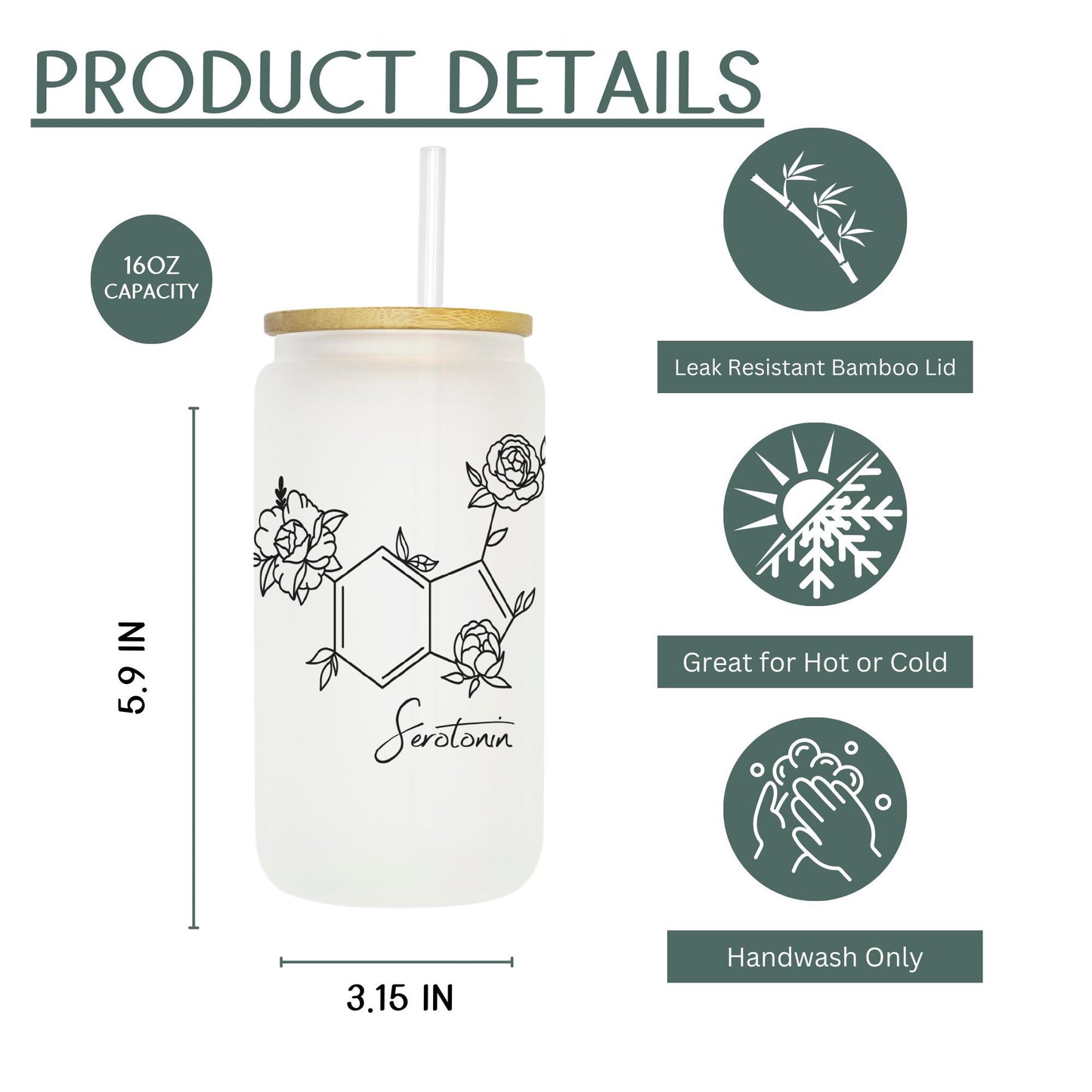 Chemical 16oz Iced Coffee Cup, Cold Drink Cup, Frosted Can Glass, Smoothie Glass, Coffee Cup w/ Reusable Straw & Bamboo Lid.