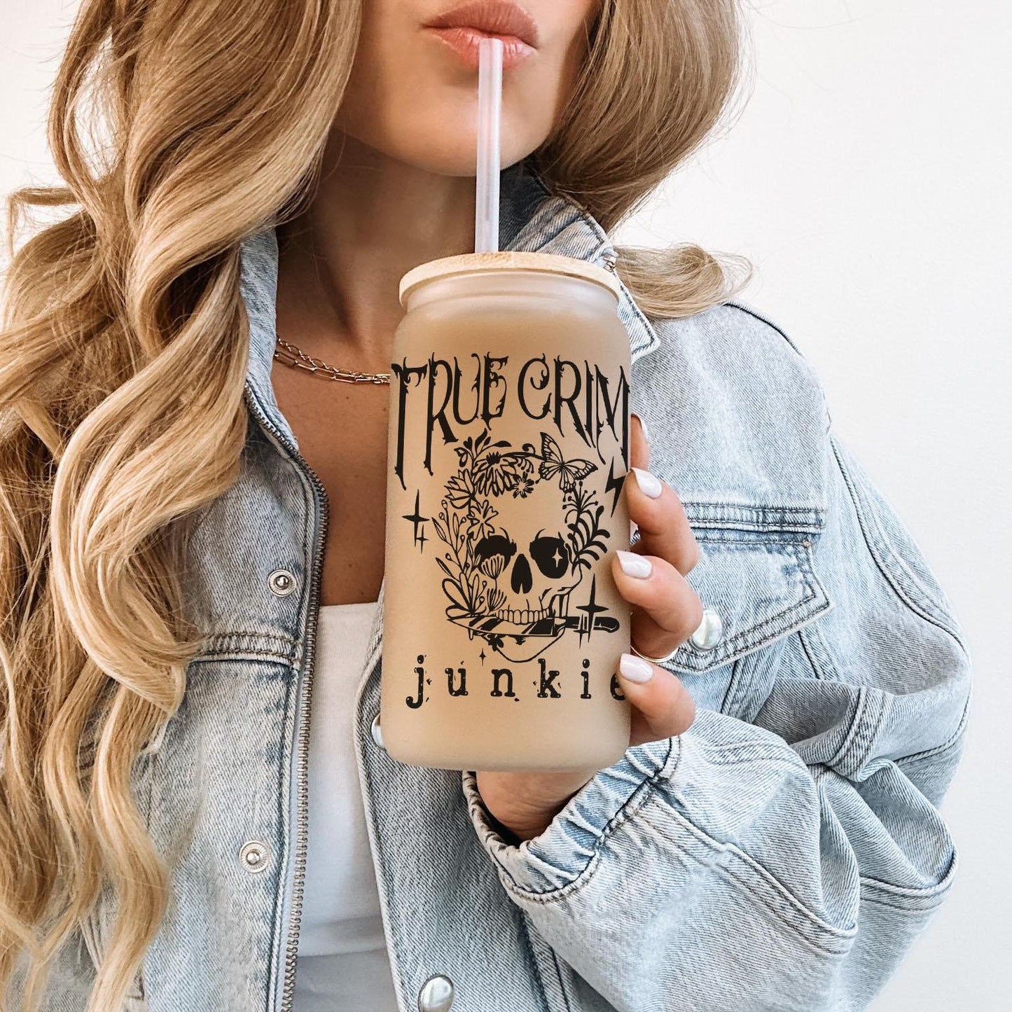 True Crime Junkie 16oz Iced Coffee Cup, Cold Drink Cup, Frosted Can Glass, Smoothie Glass, Coffee Cup w/ Straw & Bamboo Lid.