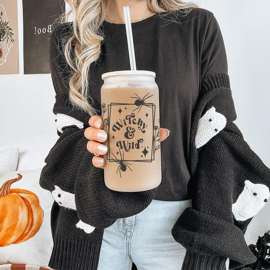 Witchy and Wild 16oz Iced Coffee Cup, Cold Drink Cup, Frosted Can Glass, Smoothie Glass, Coffee Cup w/ Reusable Straw & Bamboo Lid.