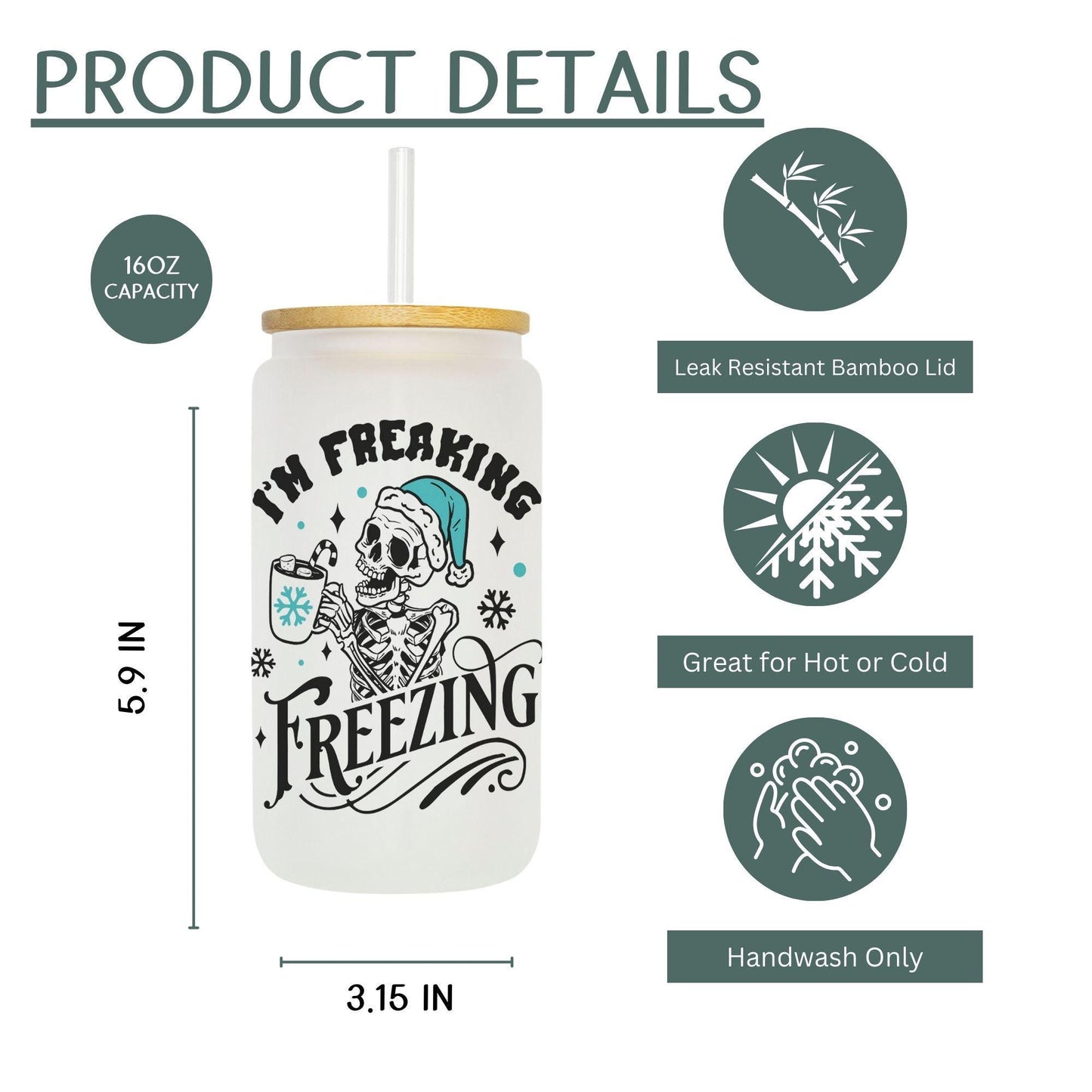 Freaking Freezing 16oz Iced Coffee Cup, Cold Drink Cup, Frosted Can Glass, Smoothie Glass, Coffee Cup w/ Reusable Straw & Lid.