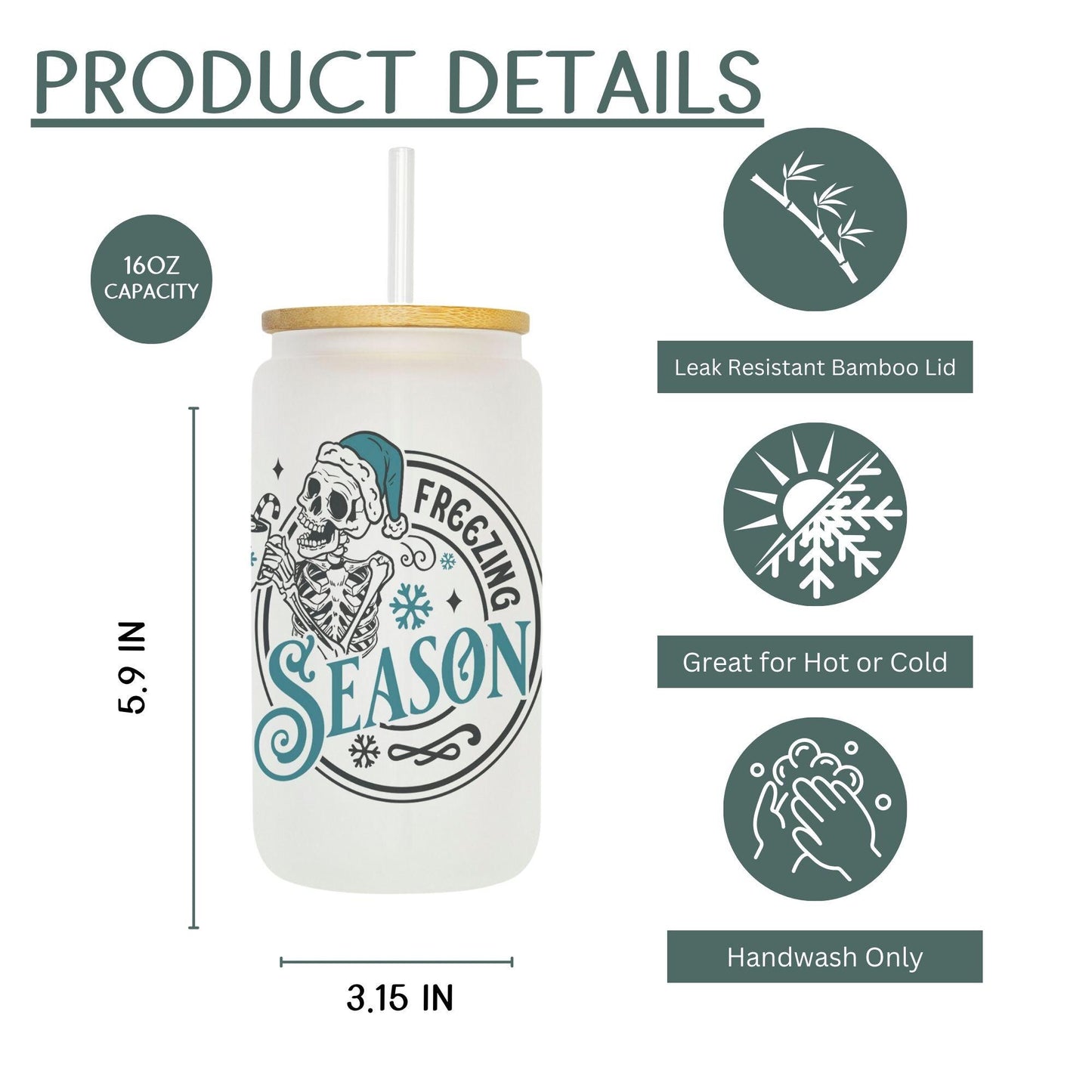 Freezing Season 16oz Iced Coffee Cup, Cold Drink Cup, Frosted Can Glass, Smoothie Glass, Coffee Cup w/ Reusable Straw & Lid