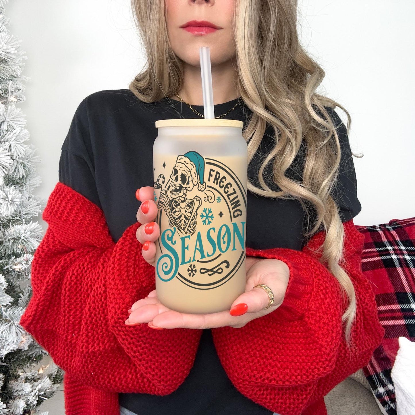 Freezing Season 16oz Iced Coffee Cup, Cold Drink Cup, Frosted Can Glass, Smoothie Glass, Coffee Cup w/ Reusable Straw & Lid