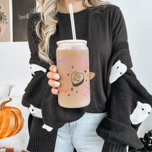 Cute Halloween Candy 16oz Iced Coffee Cup, Cold Drink Cup, Frosted Can Glass, Smoothie Glass, Coffee Cup w/ Reusable Straw & Bamboo Lid.