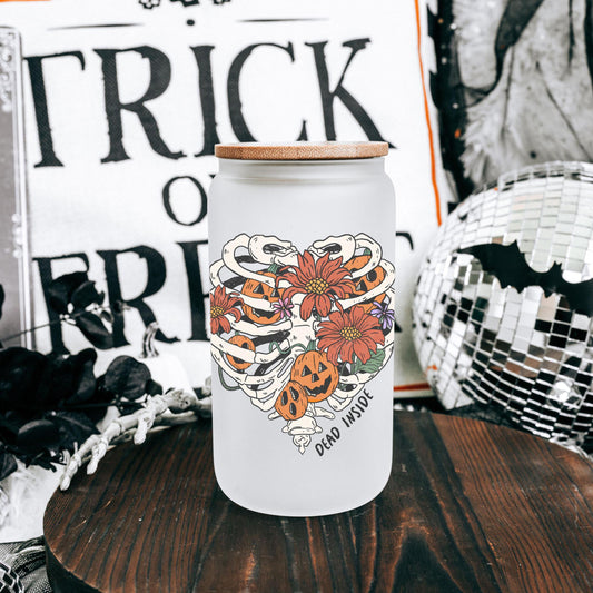 Cute Halloween Heart 16oz Iced Coffee Cup, Cold Drink Cup, Frosted Can Glass, Smoothie Glass, Coffee Cup w/ Reusable Straw & Bamboo Lid.