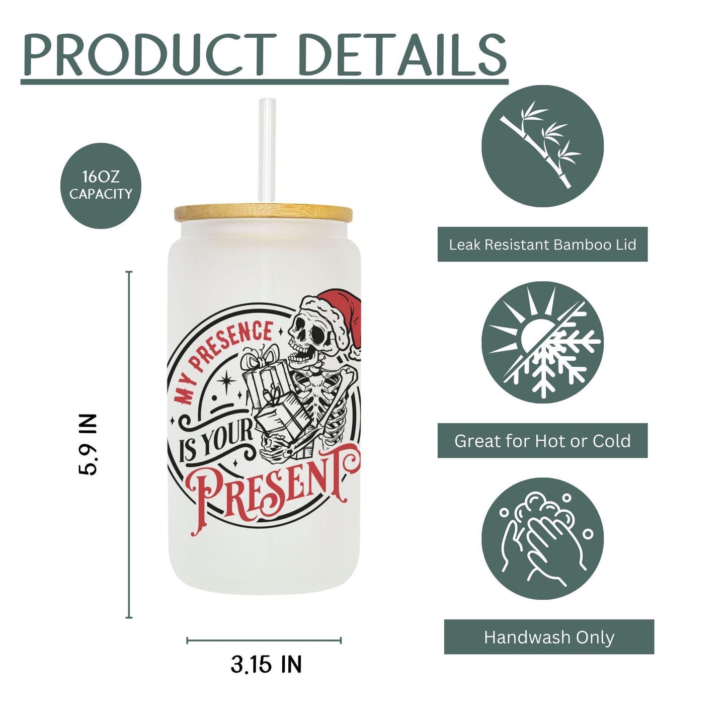 My Presence is Your Present 16oz Iced Coffee Cup, Cold Drink Cup, Frosted Can Glass, Smoothie Glass, Coffee Cup w/ Reusable Straw & Lid.