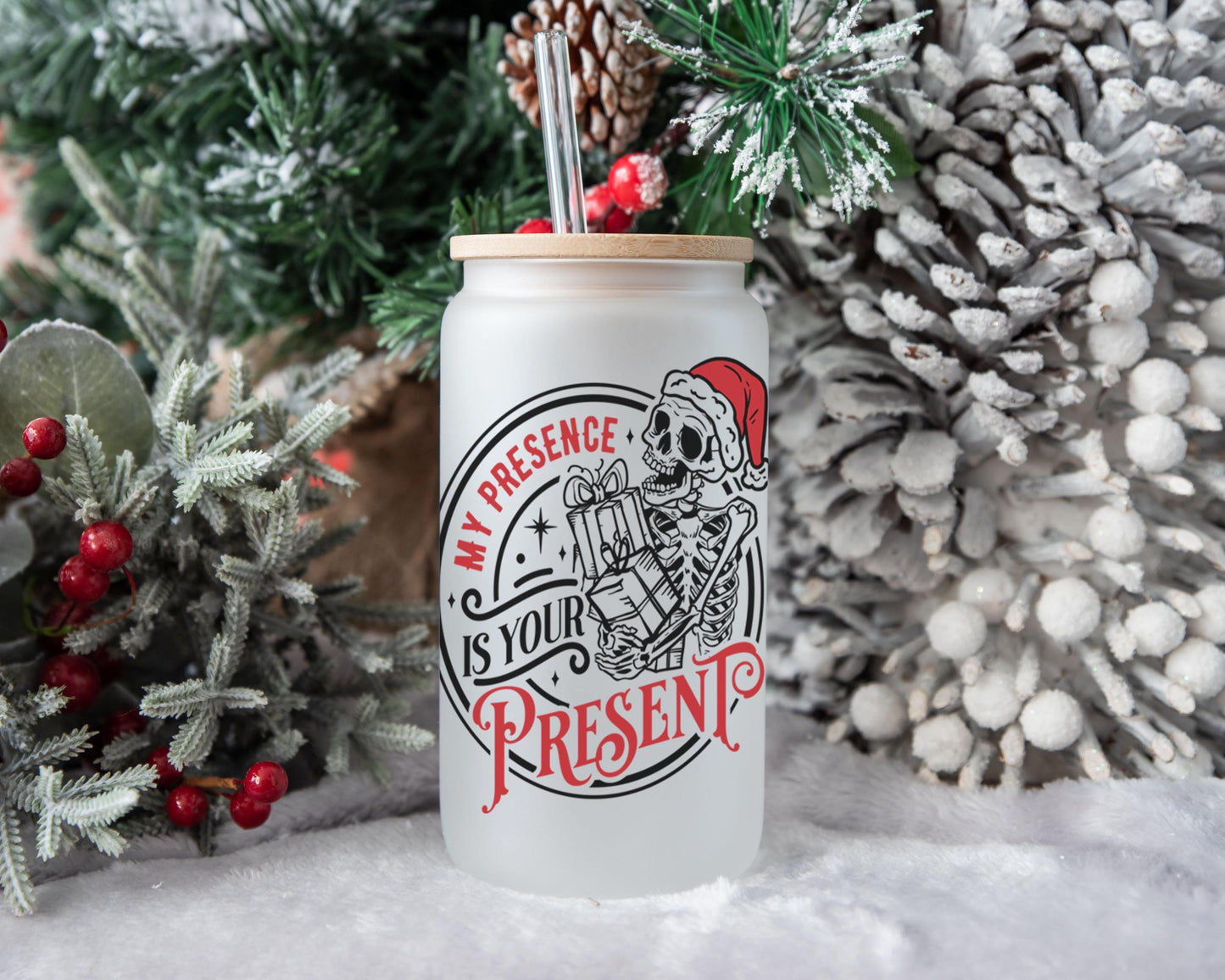 My Presence is Your Present 16oz Iced Coffee Cup, Cold Drink Cup, Frosted Can Glass, Smoothie Glass, Coffee Cup w/ Reusable Straw & Lid.