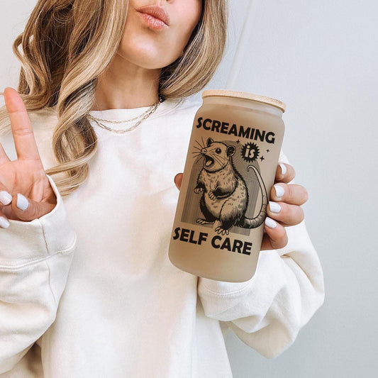 Screaming is Selfcare 16oz Iced Coffee Cup, Frosted Can Glass, Smoothie Glass, Coffee Cup w/ Straw & Lid.