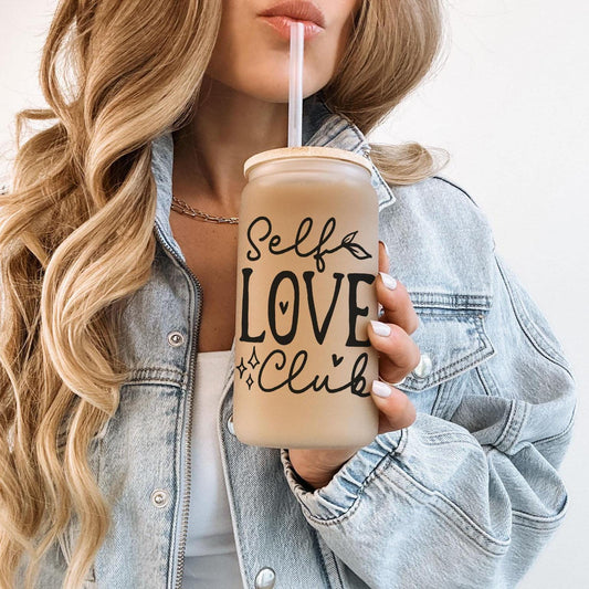 Self Love Club 16oz Iced Coffee Cup, Frosted Can Glass, Smoothie Glass, Coffee Cup w/ Straw & Lid.