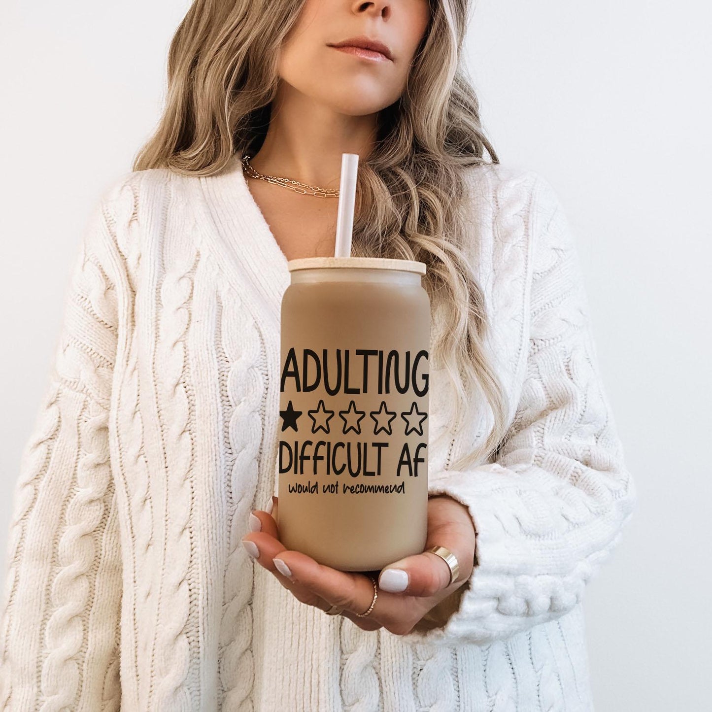 Adulting Would not Recommended 16oz Iced Coffee Cup, Cold Drink Cup, Frosted Can Glass, Smoothie Glass, Coffee Cup w/ Reusable Straw & Lid.