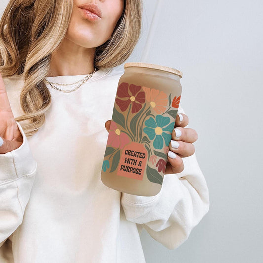 Created with a Purpose Boho Floral 16oz Iced Coffee Cup | Frosted Can Glass with Reusable Straw & Bamboo Lid