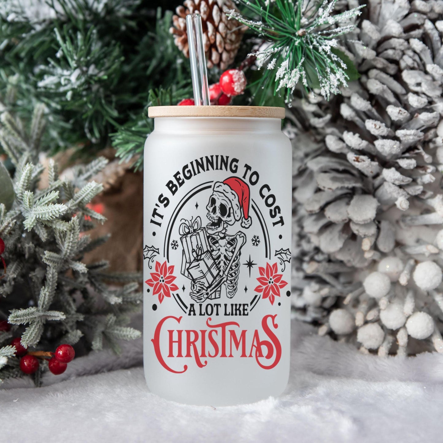 Cost of Christmas 16oz Iced Coffee Cup, Cold Drink Cup, Frosted Can Glass, Smoothie Glass, Coffee Cup w/ Reusable Straw & Lid.