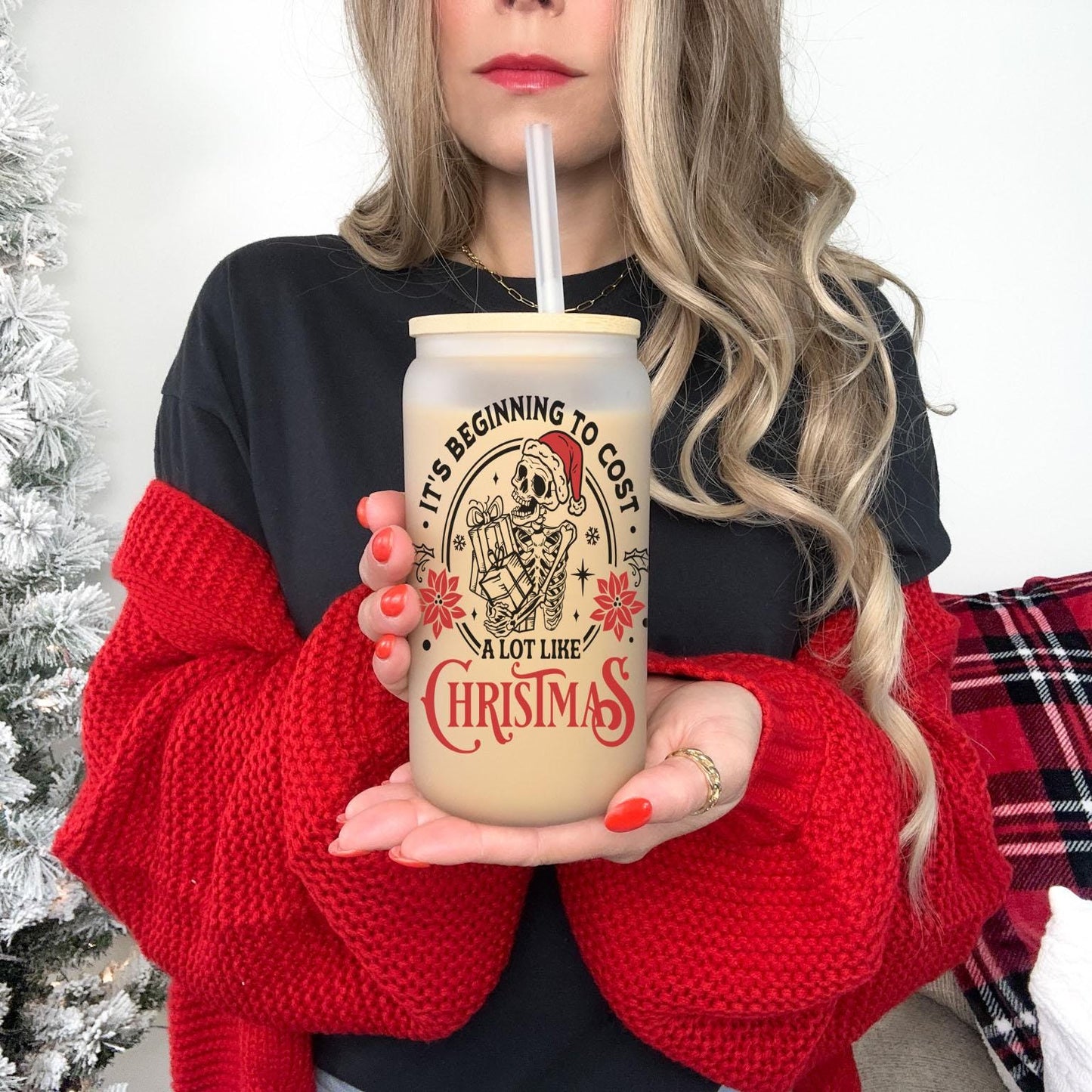 Cost of Christmas 16oz Iced Coffee Cup, Cold Drink Cup, Frosted Can Glass, Smoothie Glass, Coffee Cup w/ Reusable Straw & Lid.