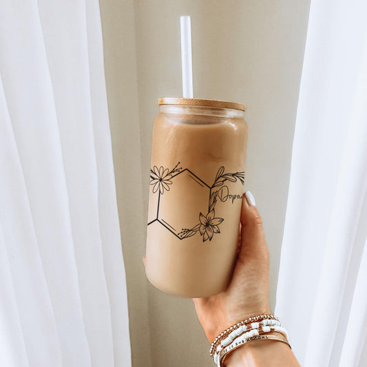 Chemical 2 16oz Iced Coffee Cup, Cold Drink Cup, Frosted Can Glass, Smoothie Glass, Coffee Cup w/ Reusable Straw & Bamboo Lid.