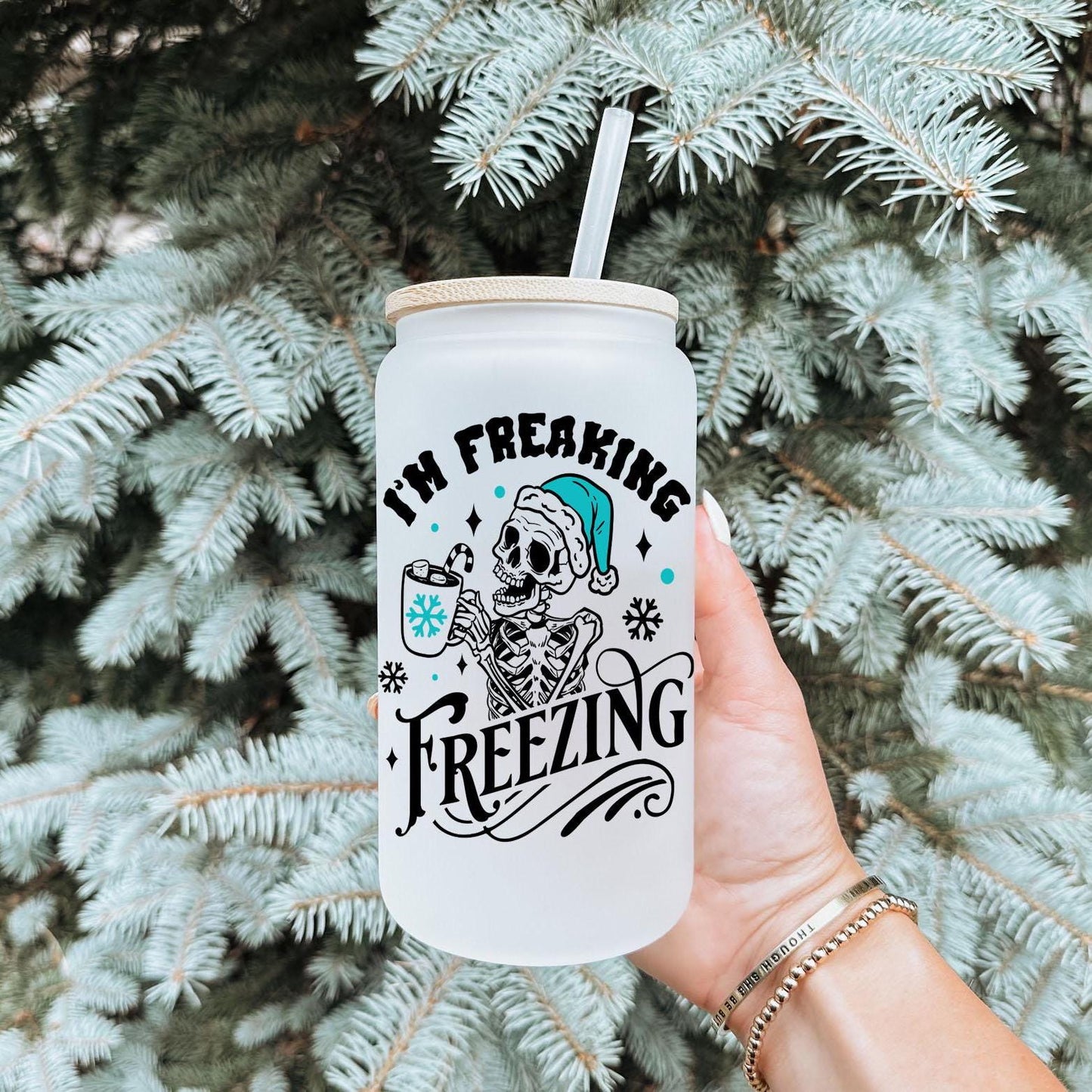 Freaking Freezing 16oz Iced Coffee Cup, Cold Drink Cup, Frosted Can Glass, Smoothie Glass, Coffee Cup w/ Reusable Straw & Lid.