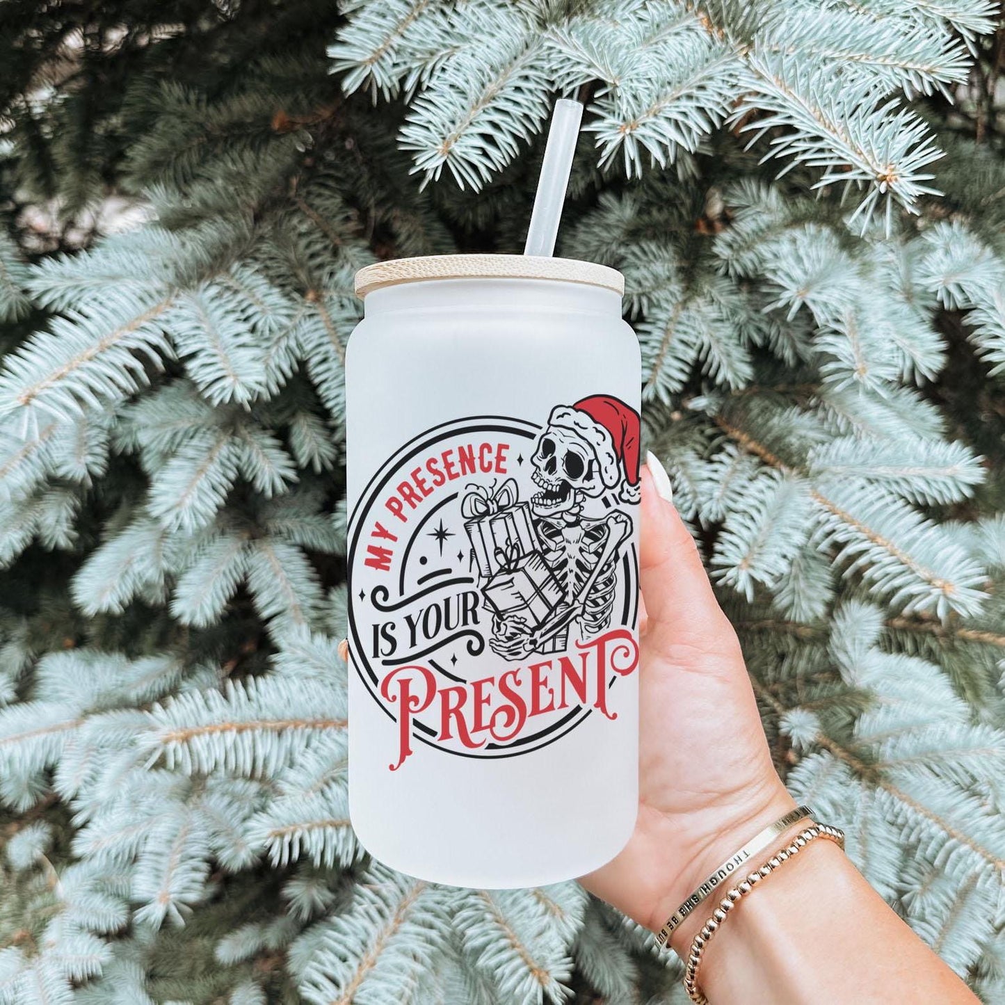 My Presence is Your Present 16oz Iced Coffee Cup, Cold Drink Cup, Frosted Can Glass, Smoothie Glass, Coffee Cup w/ Reusable Straw & Lid.