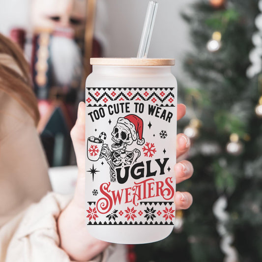 Ugly Sweater 16oz Iced Coffee Cup, Cold Drink Cup, Frosted Can Glass, Smoothie Glass, Coffee Cup w/ Reusable Straw & Lid.